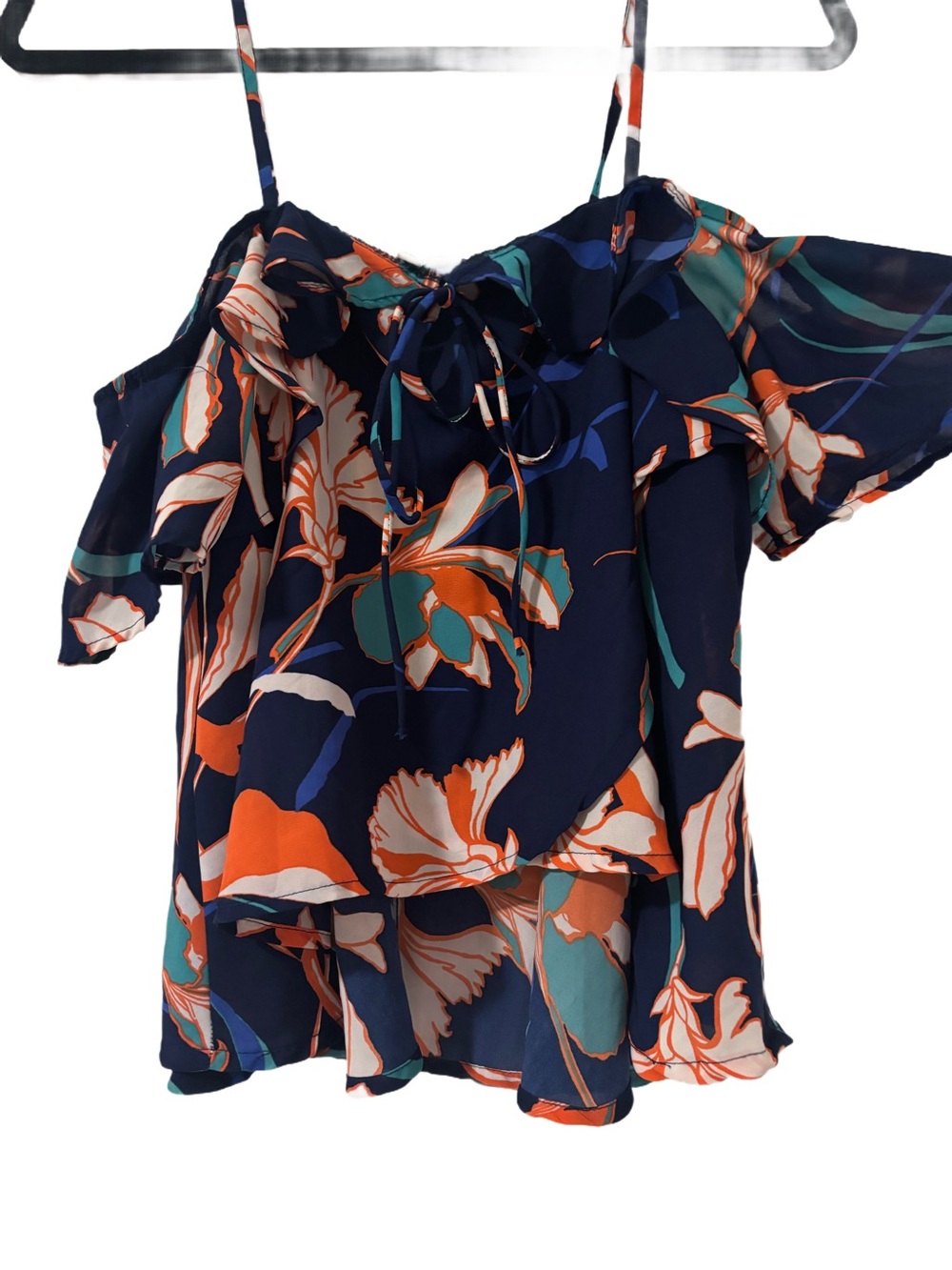 Japna Navy Floral Off-the-Shoulder Flutter Sleeve Blouse | Size Medium | NWT - Picture 3 of 7